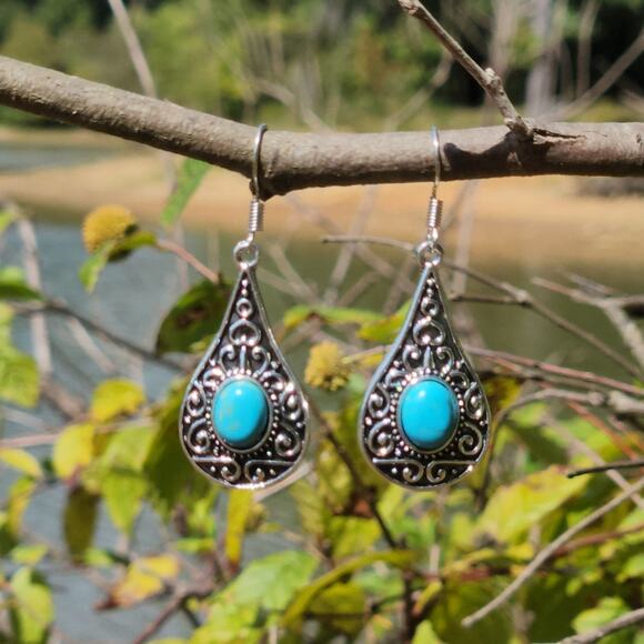 Blue Turquoise Dangle Earrings – Boho Silver Drop Jewelry for Women - Picture 3 of 14